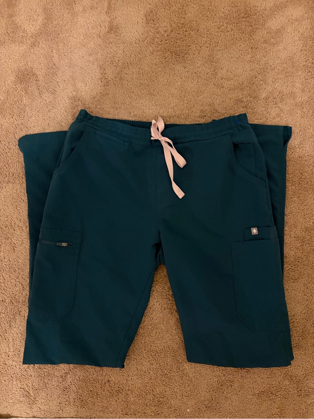Figs Teal Scrub Pants with Pink Drawstring